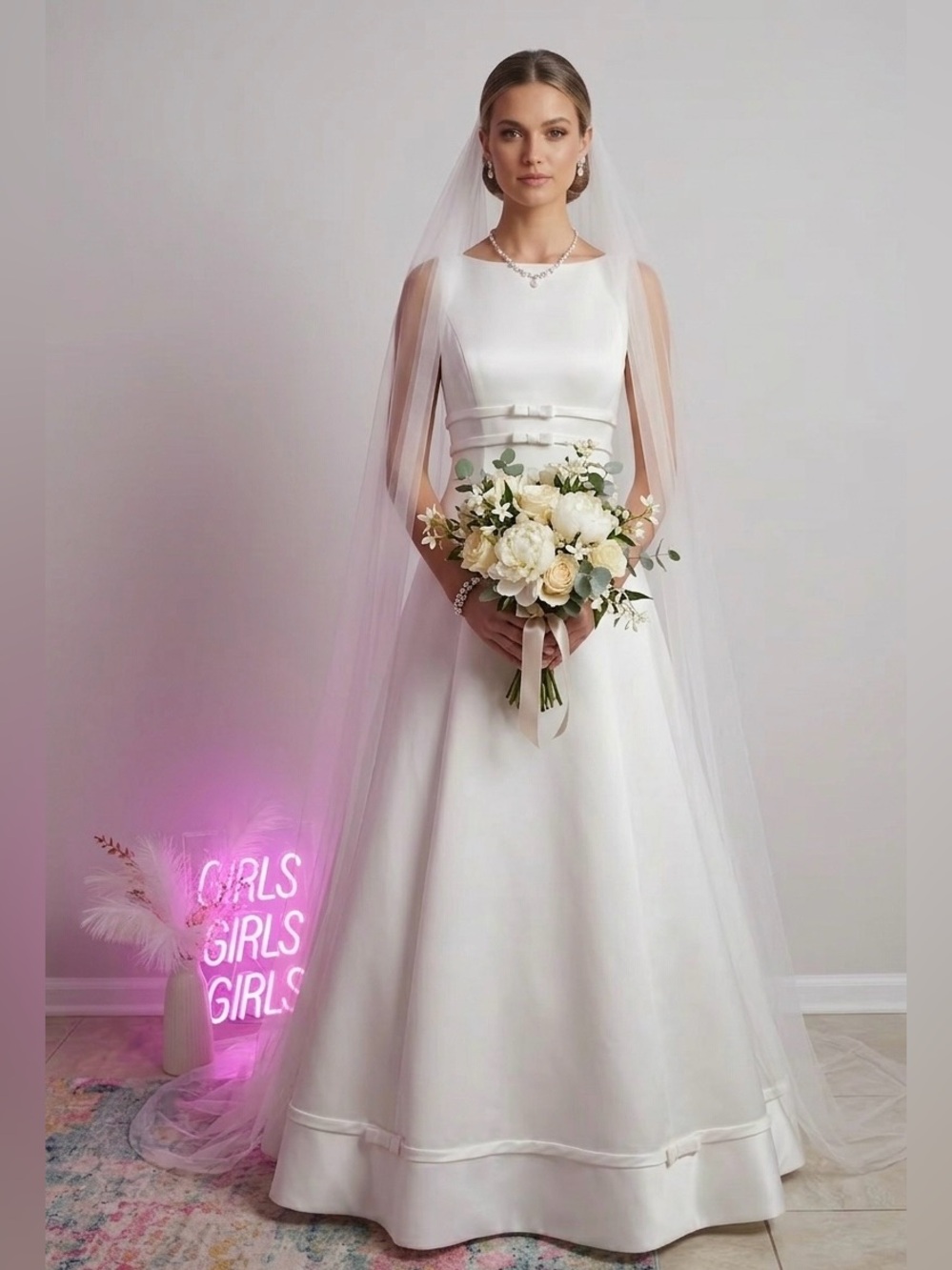Satin Ivory Bridal A-Line Dress with Bow Waist